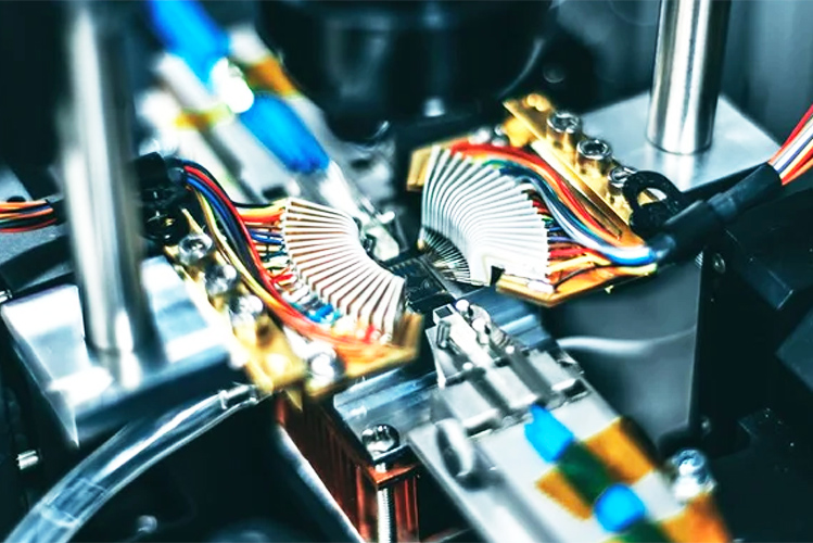 Close-up of precision engineering equipment and electronic connections